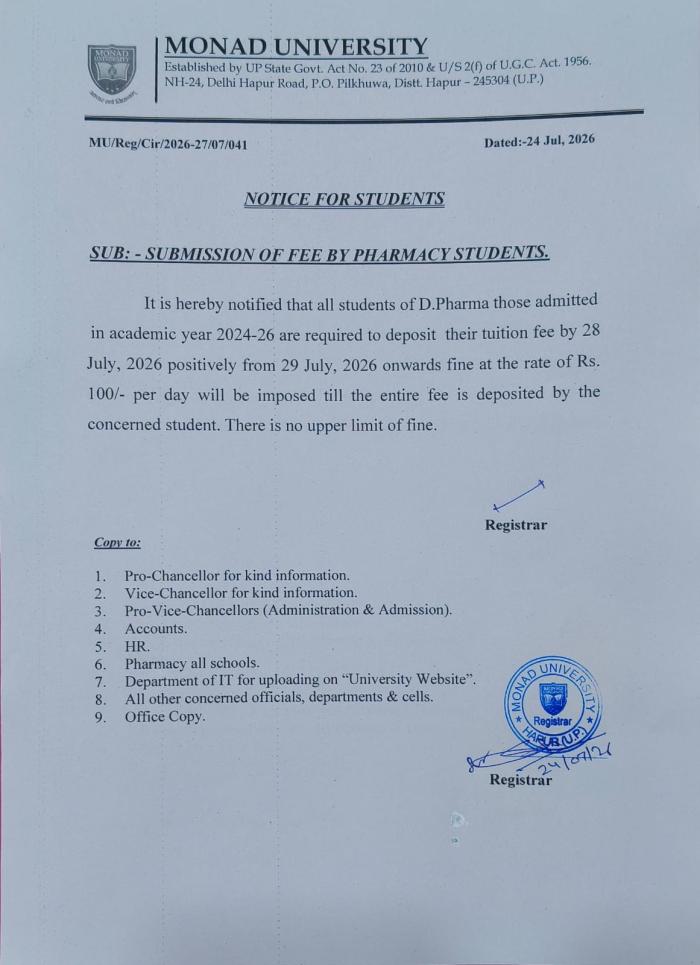 Submission Of Fee By Pharmacy Students